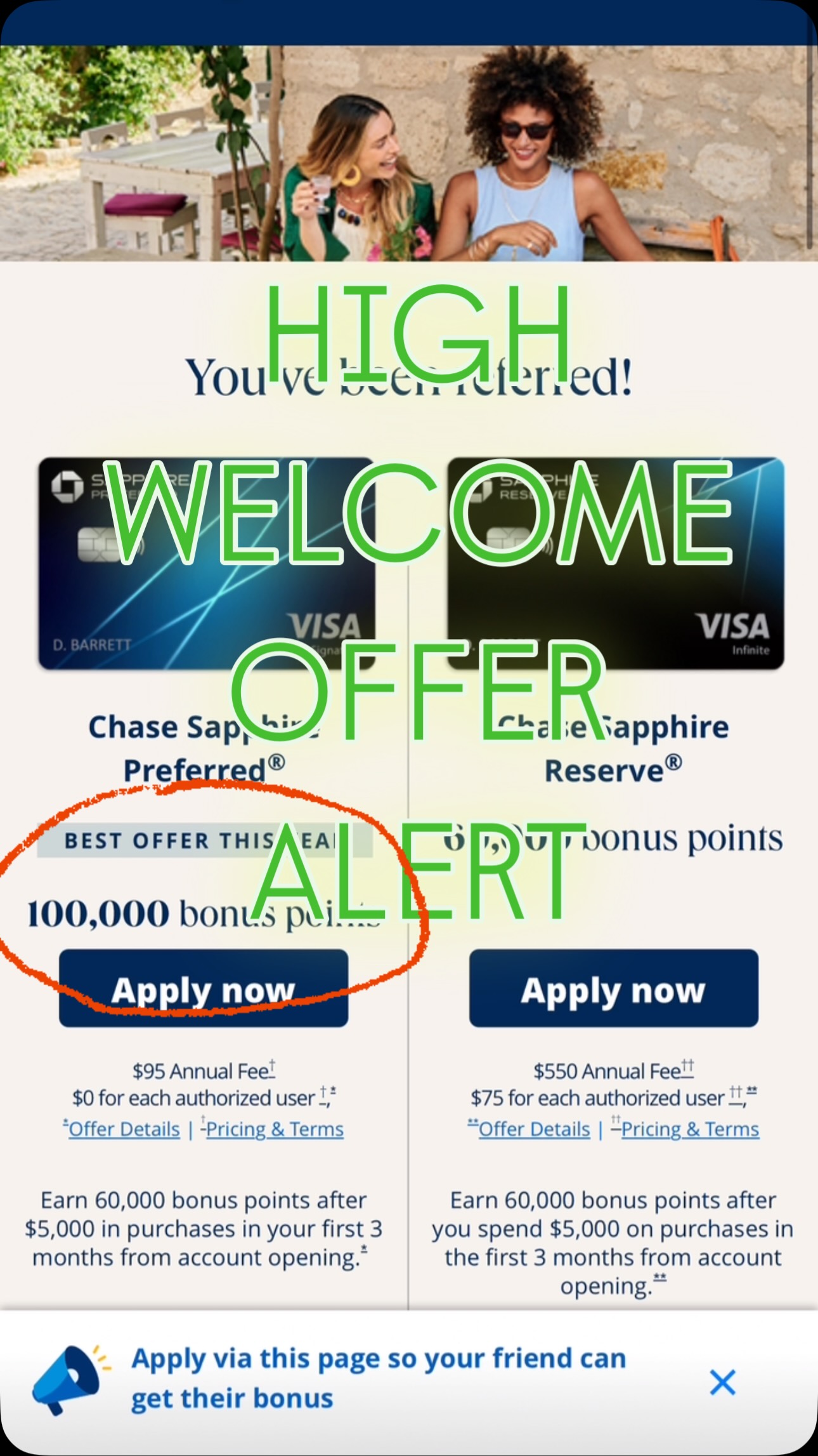 If you have this card, now is the time tell everyone!
if you don’t have it, now it the best time to get it. 

Earn 100,000 Chase points after spending $5,000 in 3 months

1️⃣you can generate a referral link to refer other household members and of course, friends and family 🤗
 
Already have the card💳? Generate referrals here: Www.referyourchasecard.com 

2️⃣if you earned the welcome bonus from this card more than 48 months ago, you can call Chase customer service and request a product change for a Chase Freedom Unlimited or Chase Freedom Flex cards, which have zero annual fees. 

Wait a week and you can apply for this Chase Sapphire Preferred card and earn the welcome bonus again!!!

100,000 points can be transferred as needed to over 12 airline frequent flyer programs and 3 hotel chains (Hyatt my favorite). You will still earn points as you spend on the card, so the points will keep adding up!

💯MY LINK (COPY & PASTE):
https://www.referyourchasecard.com/19r/YILETCPL2N

Follow @alitravelpoints for more points travel!
DM questions

#travelpoints #chasesapphire #welcomebonus #blowup