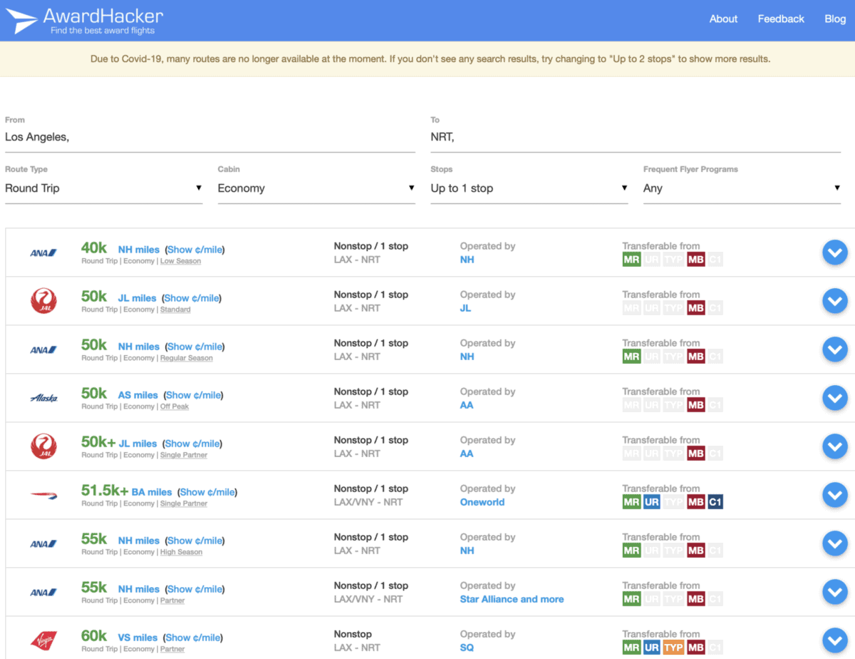 Awardhacker.com example:Los Angeles - Tokyo, Japan in points